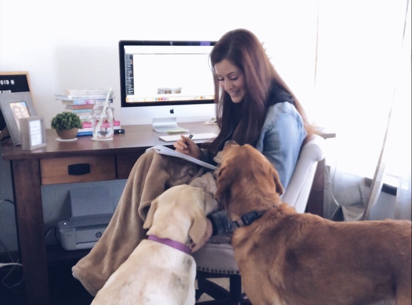 woman working at her desk with dogs by her side